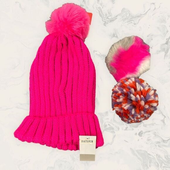 NWT Nordstrom BP. Bundle of two Ribbed Beanie with Interchangeable Faux Fur Pom - Picture 2 of 6